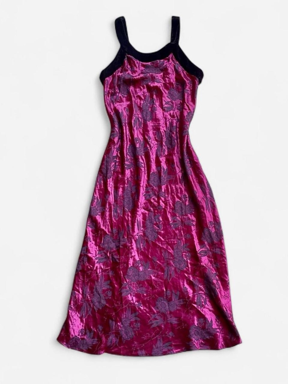 Vintage y2k burgundy purple floral satin maxi dress with black velvet trim med